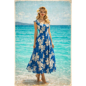 Vintage Hawaiian Hukilau Dress W XS Tiki Hibiscus Maxi Resort Honolulu Aloha 60s